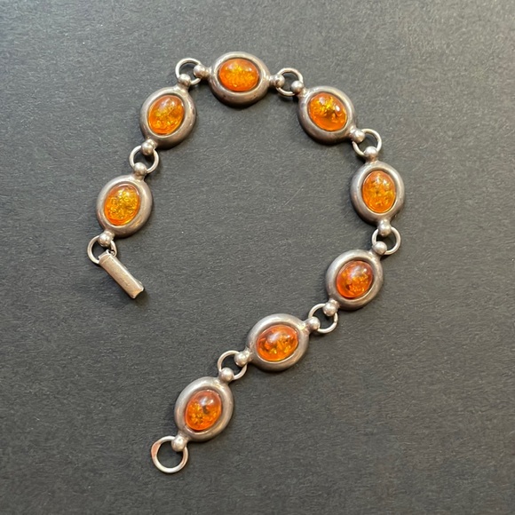 Genuine Amber Gemstone Cabochon Set in Sterling Silver Link Bracelet w/ Clasp - Picture 3 of 4